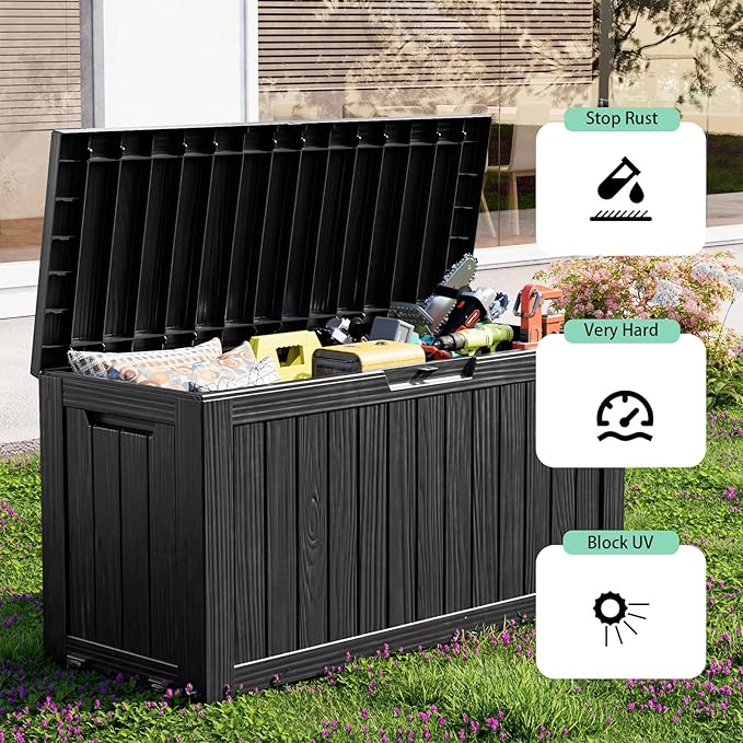 ROJIK Outdoor Storage Housing Deck Box - Waterproof Patio Furniture, Garden Tools, Cushions, Pool Accessories Storage Bench with Lockable Lid and Side Handles (Black 88 Gal) ROJIK