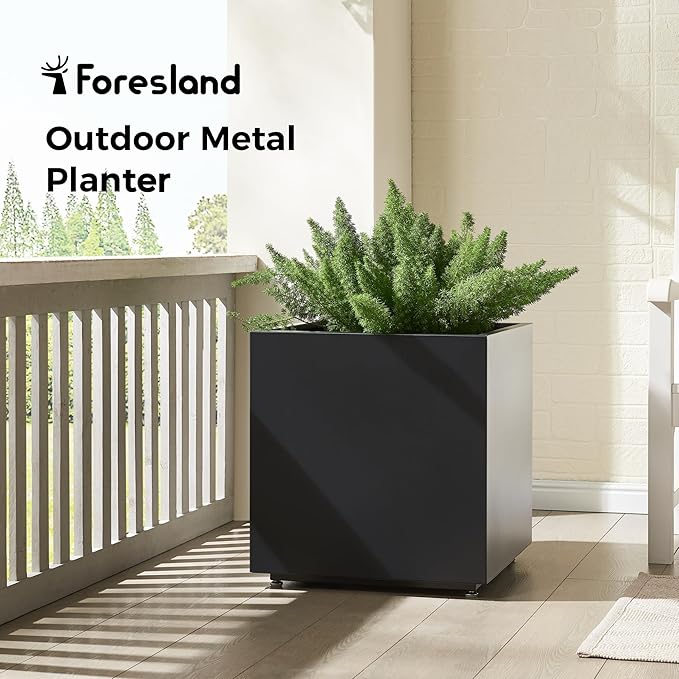 Large Metal Outdoor Planter Box 20Wx20Dx21.5H, Galvanized Steel Cube Planters for Outdoor Plants, Easy Assembly - 5mins Quick Install, Large Square Flower Pot for Patio, Deck, Garden, Yard, Black Foresland-MetalPlanter