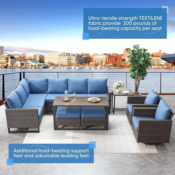 Belord Outdoor Sectional Sofa 6 Seater L Shaped Couch Wicker Patio Conversation Furniture Set Rattan Outdoor Furniture with Removable Washable Cushion, Brown/Blue Belord