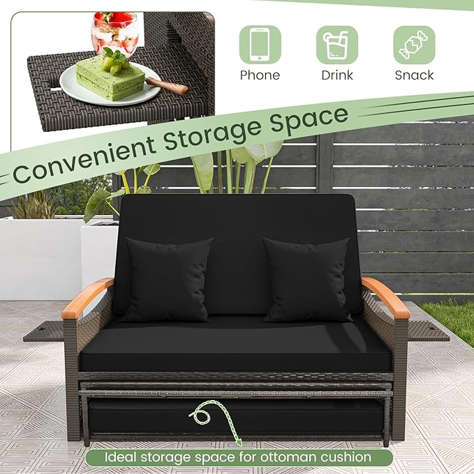 Tangkula Patio Rattan Daybed with 4-Level Adjustable Backrest, Outdoor Wicker Loveseat with Acacia Wood Armrest, Storage Ottoman & Folding Tray, Double Sunbed for Balcony, Backyard & Poolside (Black) TANGKULA