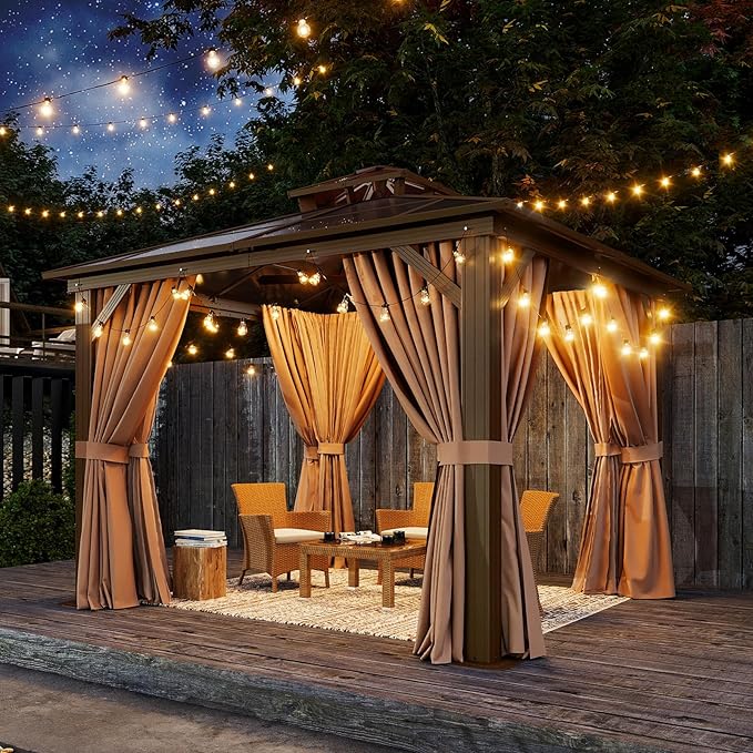 Aoxun 10'x10' Hardtop Gazebo, Outdoor Polycarbonate Double Top Canopy, Aluminum Frame Gazebo with Netting and Curtains, Sunshade for Patios, Gardens, Lawns Aoxun