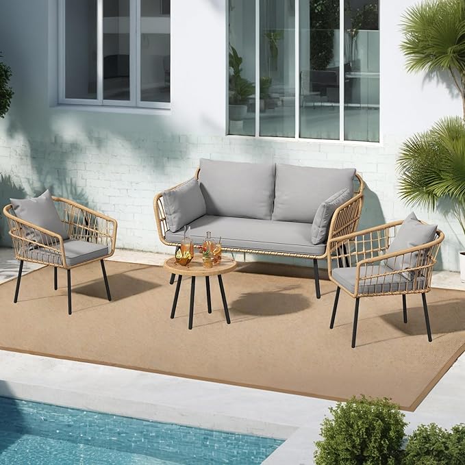 DWVO Patio Furniture Set 4 Pieces Boho Wicker Bistro Set, All Weather Outdoor Rattan Conversation Set with Loveseat Chairs Table Soft Cushions for Backyard, Pool, Garden - Grey DWVO