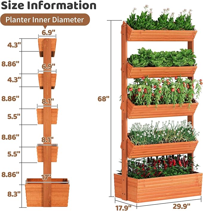 FILWH Wooden Raised Garden Bed Vertical Planter Box, Freestanding Plant Stand for Indoor Outdoor Plants, Herbs, Flowers, Vegetables, Gardening (Reddish Brown, 5-Tier,29.9 x 17.9 x 68in) FILWH