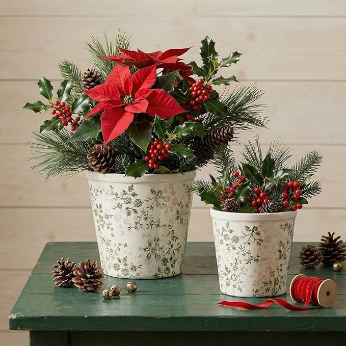 Ceramic Planter with Drainage Hole, Plastic Tray & Mesh, 6 Inch - Indoor/Outdoor Flower Pot for Orchids, Succulents, Green Floral Modern Farmhouse Décor for Home,Office and Garden, Ideal Gift TEWEIQI