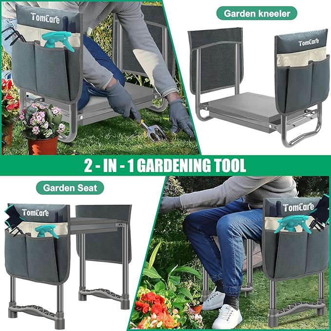 TomCare Garden Kneeler and Seat 10.64” Wider Larger Soft Kneeling Pad Garden Bench with 2 Large Tool Pouches Heavy Duty Garden Stool Foldable Tools Gardening Gifts for Women Men Gardeners,Grey TomCare