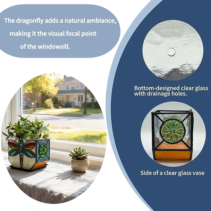 Handcrafted Stained Glass Dragonfly Planter, Decorative Indoor Flower Pot, Succulent Pots with Drainage, Gifts for Plant Lovers Entlityful