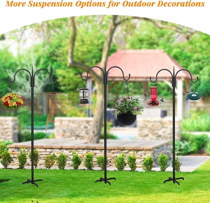 FEED GARDEN Adjustable Double Shepherds Hook for Outdoor with 5 Prong Base 108 Inch Heavy Duty Two Sided Bird Feeder Pole for Hanging Plant Baskets, Solar Light Lanterns, Wind Chimes 2 Pack FEEDGARDEN