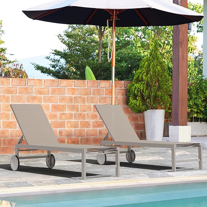 Shintenchi 2 PCS Outdoor Chaise Lounges Chair with Wheels Aluminum Reclining Patio Lounge Chairs with 5 Adjustable Position Recliner for Patio, Beach, Yard, Pool Patio Furniture Set,Khaki Shintenchi