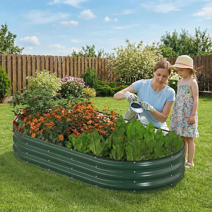 Raised Garden Bed, 6x3x1ft Galvanized Outdoor Planter Beds with Safety Edging and Gloves, Oval Metal Planter Box for Gardening Vegetables Flowers Herb-Deep Green Patiobay