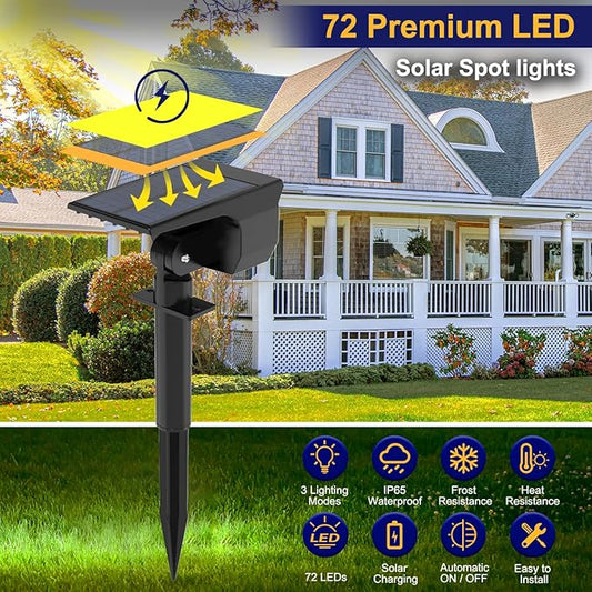 LOTMOS Solar Spot Lights Outdoor Waterproof IP67, 10 Pack Landscape Spotlights with 72 LEDs,3 Modes/ 2-in-1/Auto On/Off Solar Powered Flood Lights for Outside Garden Lawn Patio Driveway (Warm White) LOTMOS