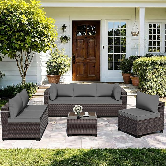 ALAULM Patio Furniture Set with Coffee Table, 7 Pieces Outdoor Sectional with Wide Seat and Thick Cushion, All Weather Wicker Rattan Conversation Set for Backyard, Garden, Deck, Grey ALAULM