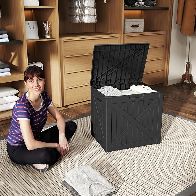 32 Gallon Outdoor Deck Box, Lockable Waterproof Outdoor Storage Boxes For Garden Tools,Indoor Cushions,Accessories Outside Storage Resin Weatherproof Container(Black) MAIUSCOLI