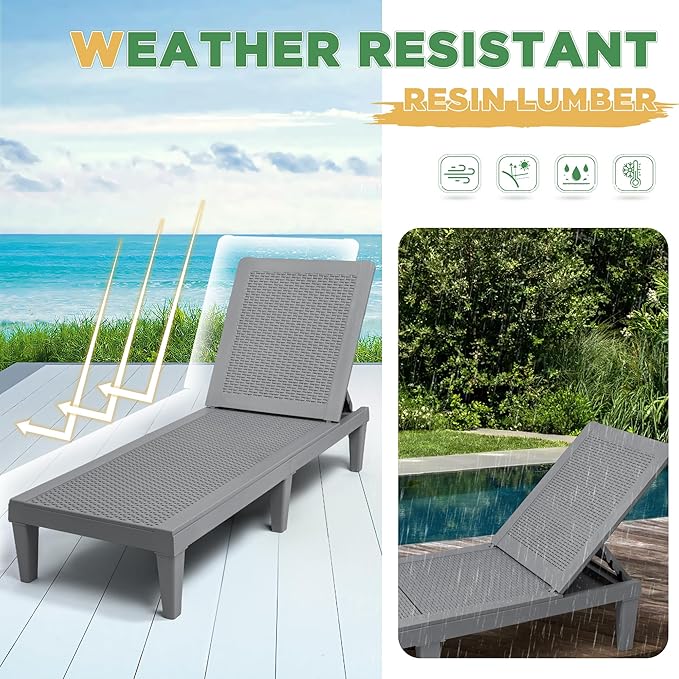 Greesum Outdoor Chaise Lounge Chairs Set of 2 with 5-Position Adjustable Backrest, Waterproof PP Sun Chaise Loungers for Garden Pool Beach Patio Deck Sunbathing, Grey BuynowfromGreesum