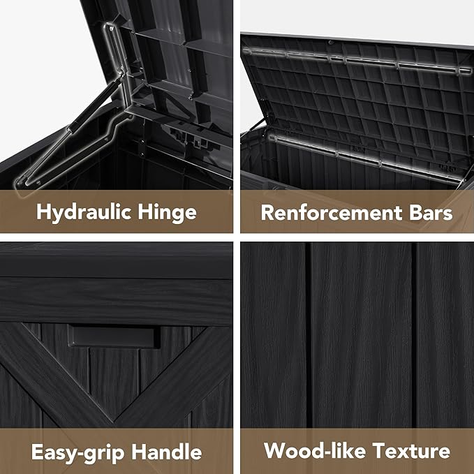 Devoko 120 Gallon Deck Box Resin Outdoor Storage Box Waterproof for Patio, Large Outdoor Storage Bench Lockable for Outside (Black) DEVOKO