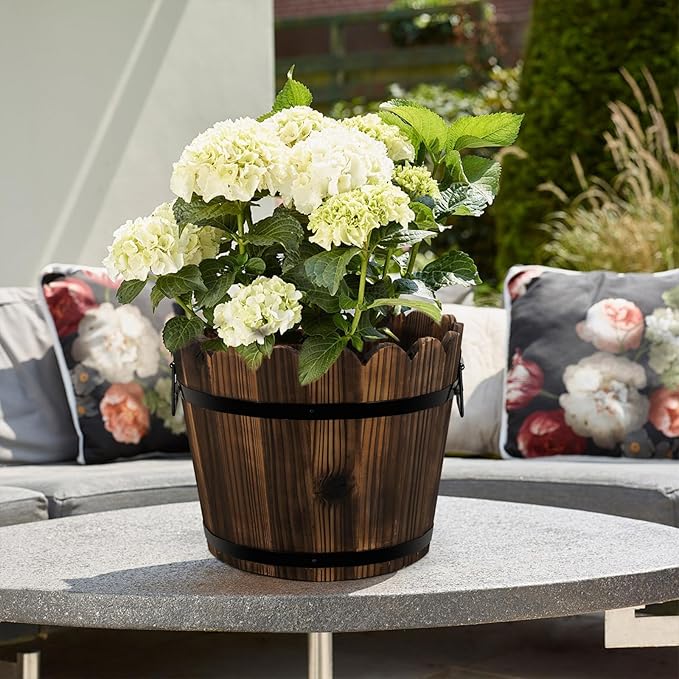 Wooden Barrel Planters Flower Pots for Indoor Outdoor Plants, 10+11.5 inch Rustic Patio Garden Front Porch Planters Plant Pots Outdoor Decor Set of 2 HakkaGirl