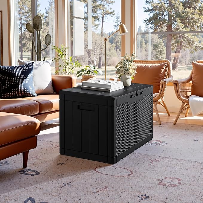 JUMMICO 100 Gallon Resin Deck Box, Waterproof Outdoor Storage Box with Lockable Lid for Garden Tools, Patio Cushions (Black) JUMMICO