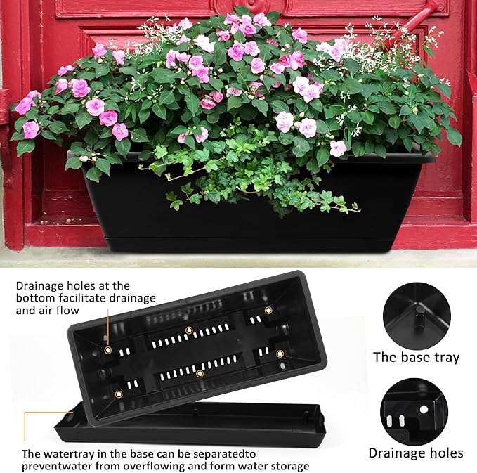 8pcs Window Box Planter,17 Inches Flower Window Boxes,Rectangle Planters Box with Drainage Holes and Trays, Plastic Vegetable Planters for Windowsill Patio Garden Home Decor Porch Yard (Black) Hananojia