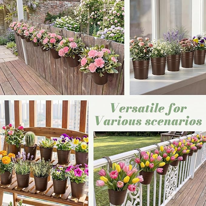 HowRU Hanging Flower Pots, Railing Planter Box for Outdoor Plants 12 Pack 5 Inch Metal Hanging Planters with Detachable Hooks Balcony Window Fence Garden Decoration Flower Boxes(Bronze(5in)) HowRU