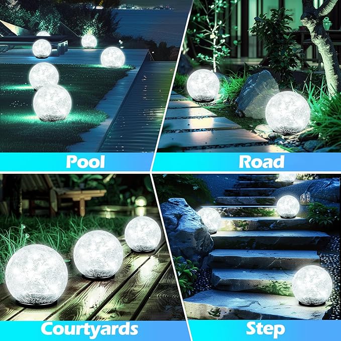 Coroor Garden Solar Ball Lights Outdoor Waterproof, 50 LED Cracked Glass Globe Power Ground for Path Yard Patio Lawn, Outdoor Decoration Landscape White (2 Pack 4.7'') Coroor