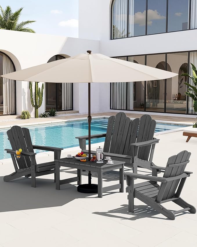 SERWALL Outdoor Coffee Table with 9FT Umbrella, HDPE Patio Coffee Table for Outside, Rectangle, Gray(Not Include Umbrella Base) SERWALL