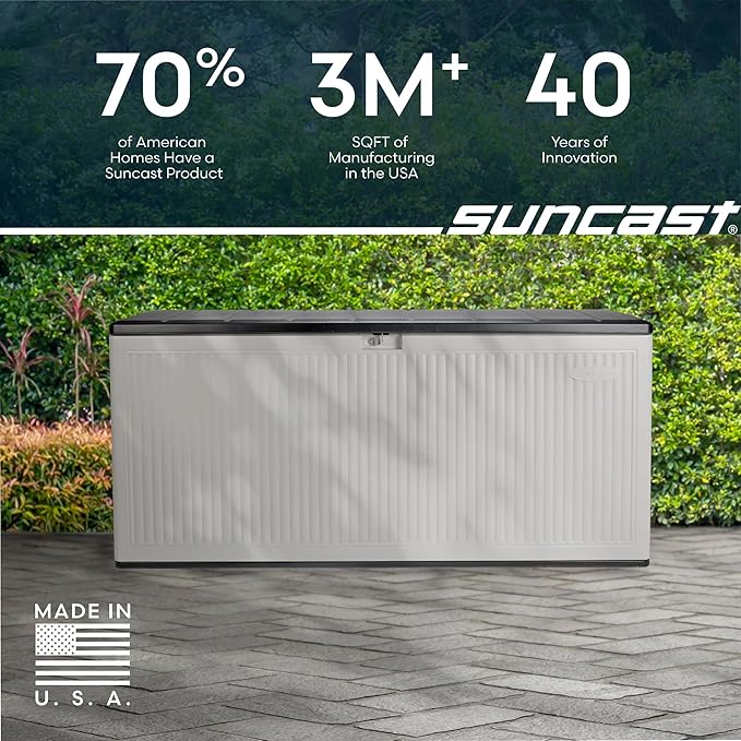 Suncast 160-Gal. Resin Extra-Large Outdoor Patio Deck Box with Pad-Lockable Lid, Modern Reeded Outdoor Patio Bench/Storage Box for Cushions, Garden Tools, and More, Iron Ore/French Gray Suncast