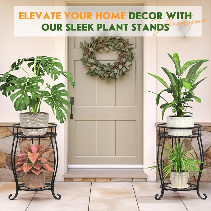 TOSKING 2 Tier Metal Plant Stand Indoor Outdoor , Rustproof Stable Plant Stands Multiple Plant Rack Holder Flower Pot Stand for Living Room Balcony Garden Patio Bedroom (Black, 19.5) TOSKINGESSENCE