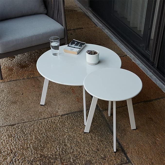 Patio Outdoor Coffee Table Set of 2 - Weather Resistant Outdoor Round End Table Modern Coffee Tables for Living Room Balcony Home Office (White) Juserox