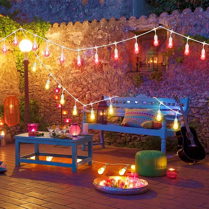 Mlambert 96Ft(2x48ft) Outdoor Patio Lights, RGB Cafe String Lights with Remote Control and 30+5 Dimmable LED Bulbs for Backyard Graden-White 2 Pack Mlambert
