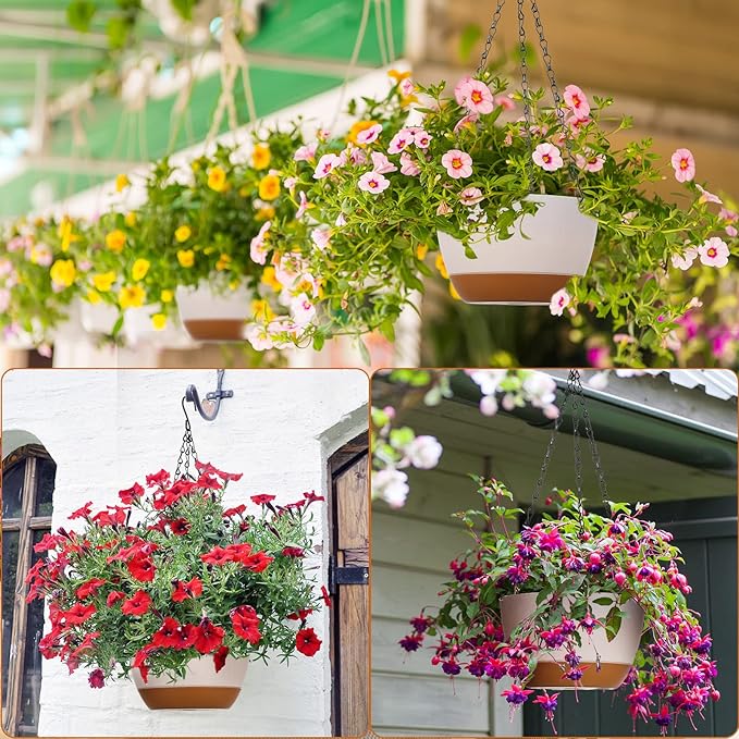 Mumufy 6 Pcs 8 Inch Hanging Planter for Indoor and Outdoor Plants Plastic Hanging Flower Pots with Drainage Hole and Removable Saucer Hanging Plant Holder Plant Hanging Basket (White) Mumufy