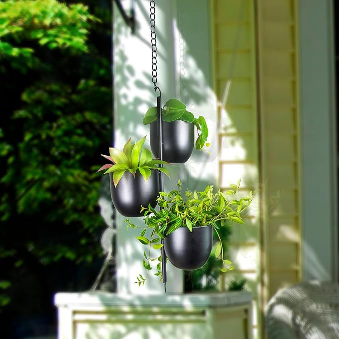 3 Tier Hanging Planters for Indoor & Outdoor, Stackable Black Metal Plant Hanger with 6 Inch Flower Pots, Oval Wall & Ceiling Plant Holder for Modern Home Decor, Balcony, Window, Patio (No Plants) HemePaha
