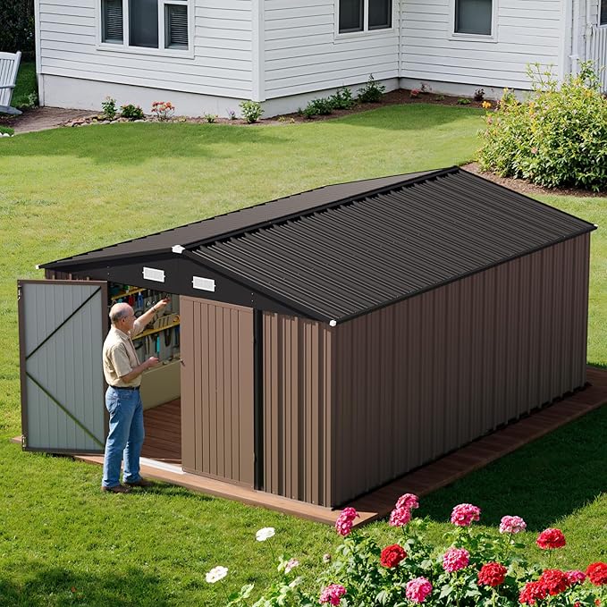 Greesum 10×14 FT Outdoor Storage Shed, Metal Storaged Sheds Without Floor, Tool Sheds with Lockable Doors and Sloping Roof for Garden, Patio, Brown BuynowfromGreesum