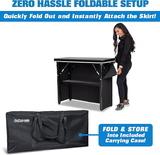 GoBar PRO Commercial Grade Portable Bar Table - Mobile Bartender Station for Events - Includes Black Skirt and Carry Case - Standard or LED, Pack 1 GoBar