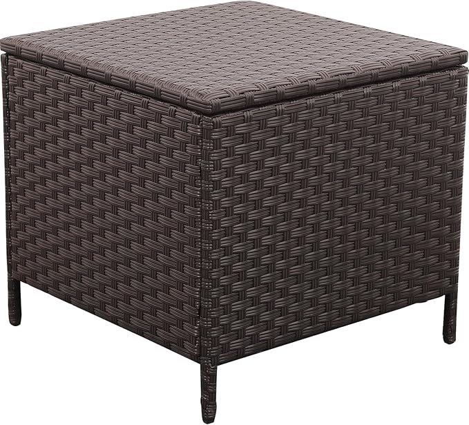 Outdoor Wicker Storage Side Table, Patio Brown PE Rattan End Table with Storage, Square Container for Furniture Covers, Toys, and Gardening Tools Lvidenoutdoor