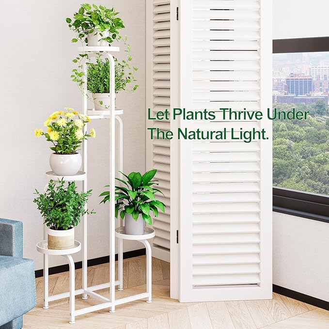 Plant Stand Indoor Outdoor 5 Tier Metal Plant Shelf for Multiple Plants Corner Flower Holders for Living Room Balcony Bedroom Patio Garden, Black (White, 5-Tier) INGIORDAR