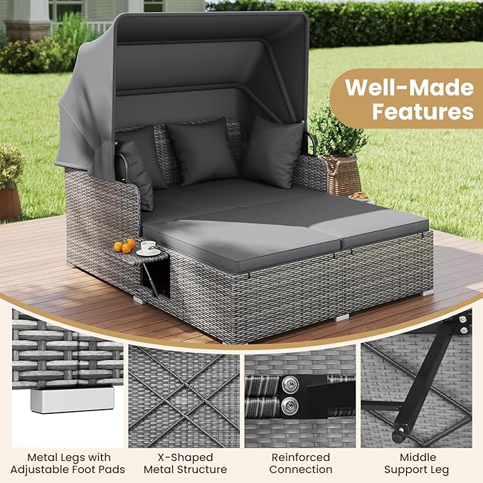 Tangkula Patio Rattan Daybed with Retractable Canopy, Outdoor Wicker Sunbed Lounger with 2 Foldable Side Tables, Thick Seat & Back Cushions, Outside Double Daybed for Garden, Backyard, Porch, Grey TANGKULA