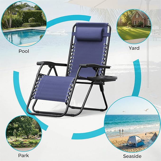 Homall Zero Gravity Chair Patio Folding Lawn Outdoor Lounge Gravity Camp Reclining Lounge Chair with Cup Holder Pillows for Poolside Backyard and Beach Set of 4 (Blue) Homall