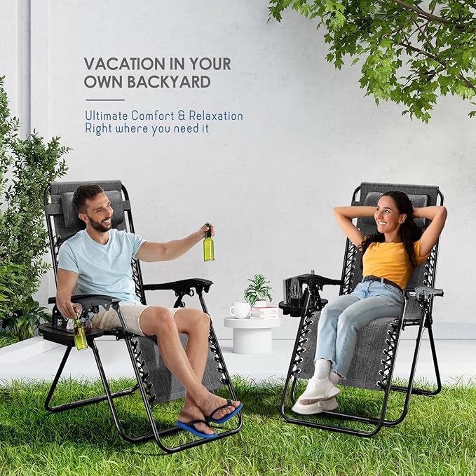 Nestl Zero Gravity Chairs Set of 6, Patio Lounge Chair Outdoor with Pillows & Cup Holder Trays, Adjustable Steel Mesh Reclining Camping Chair, Folding Patio Lawn Chair for Deck, Beach, Yard - Grey Nestl