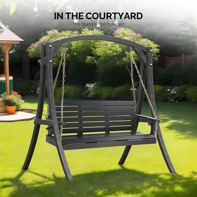 VINGLI Heavy Duty 1600 LBS HDPE Porch Swing Outdoor with Rotatable Cup Holder, 5 FT Patio Bench Swing with Adjustable Chains, 3 Person Hanging Porch Swing Chair for Porch, Yard, Tree, Garden - Black VINGLI