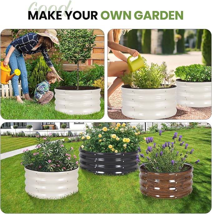 G GOOD GAIN Round Raised Garden Bed - 3Pcs 2x2x1ft Galvanized Steel Planter Boxes Outdoor with Rubber Edge Trim | Metal Raised Beds for Gardening Vegetables Flowers Fruits Herbs (White) GGOODGAIN