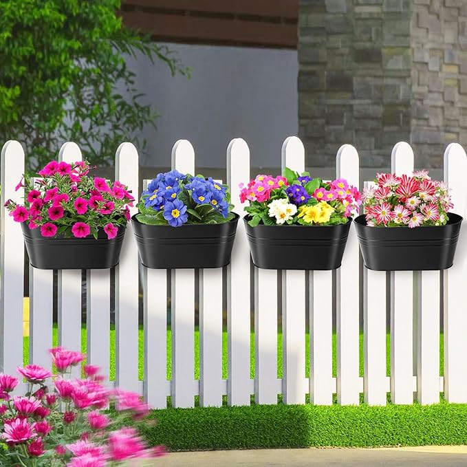 MADHOLLY Railing Planter with Drainage Holes - Sturdy Bucket Pots for Railing Fence, Countryside Style Metal Flower Pots for Herbs Balcony Garden Yard Decor, 4Pcs, Black MADHOLLY