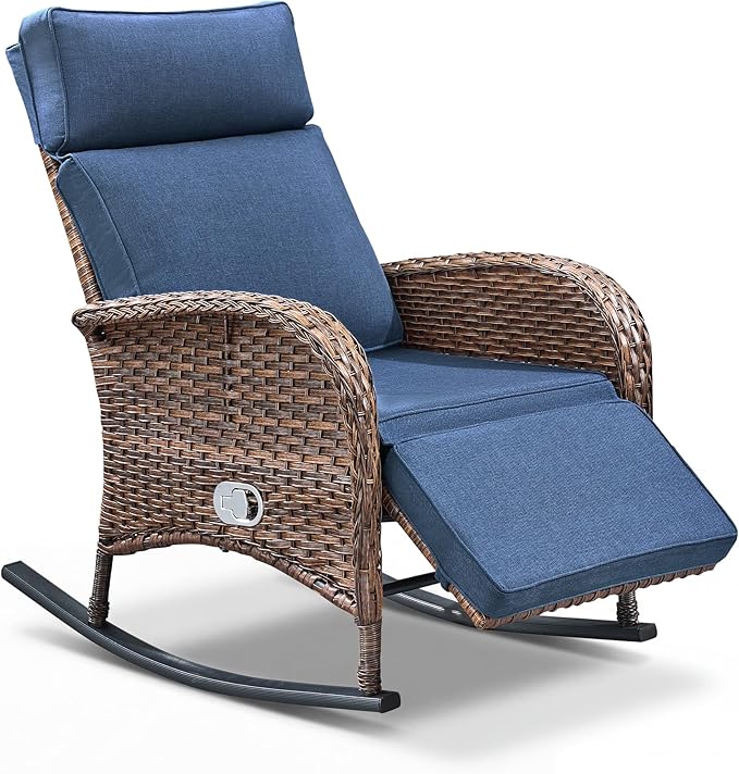Zero Gravity Patio Rocking Wicker Recliner Chair - Wicker Outdoor Lounge Chair with Adjustable Backrest & Footrest, All Weather Reclining Rocker Chairs with Thick Cushion for Pool Deck Blue JelwalyPatioFurnitureSet