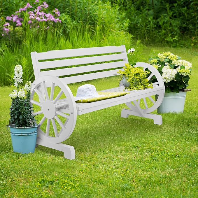 VINGLI Rustic Wooden Wheel Bench Outdoor Bench, Patio Bench Wagon Slatted Seat, Garden Benches for Outdoors 350lbs High Capacity, Weather Resistance (White, 55in) VINGLI