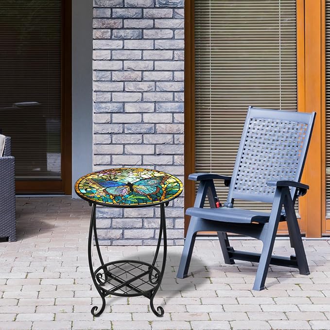 Outdoor Side Table Round Small Mosaic Patio Accent Indoor End Plant Coffee Tea Table for Yard Patio Porch Garden Living Room, Bedroom(Butterfly Style,14 Inch) Cinnvoice