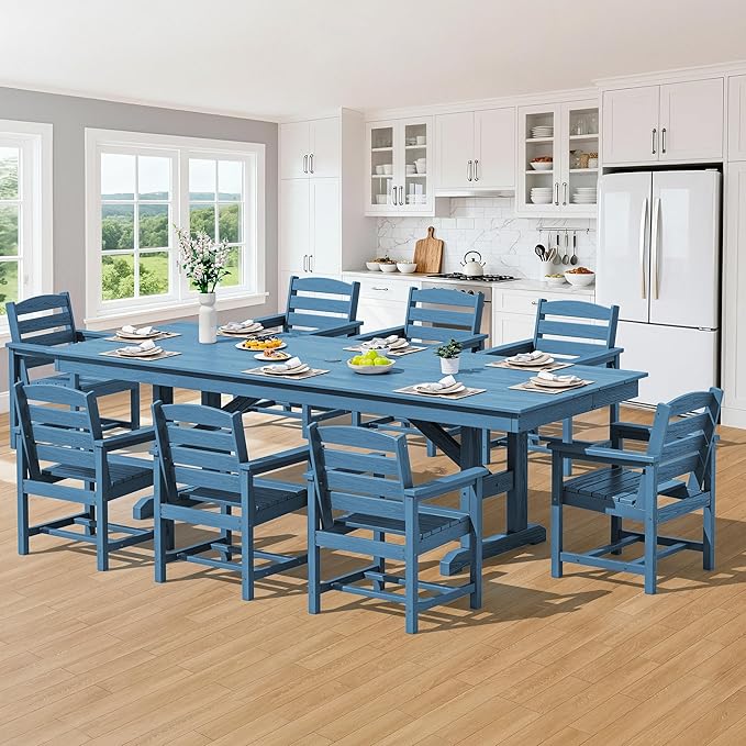 SERWALL 9 Piece Outdoor Dining Set, 84" HDPE Outdoor Table and Chairs for 8,All Weather Patio Furniture Set with Umbrella Hole for Backyard, Garden, Blue SERWALL