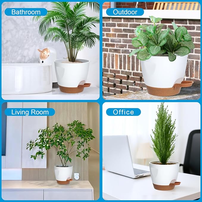 5-Pack Plant Pots with Drainage for Winter Care 7/6.5/6/5.5/5 Inch, Self Watering Pots for Indoor Plants, Planters for Indoor Outdoor Plants, Plastic Flower Pot, Planter for Indoor Outdoor (White) Rootora
