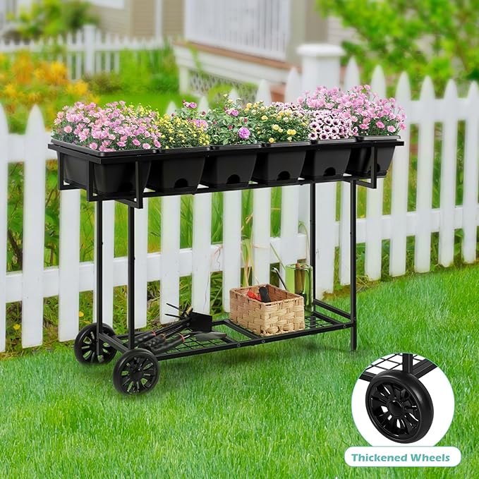 YBING Raised Garden Bed Outdoor with Wheels 42x17x29in Elevated Planter Box with Legs and Storage Shelf 6 Pocket Herb Garden Planter for Balcony Patio Deck Black YBING