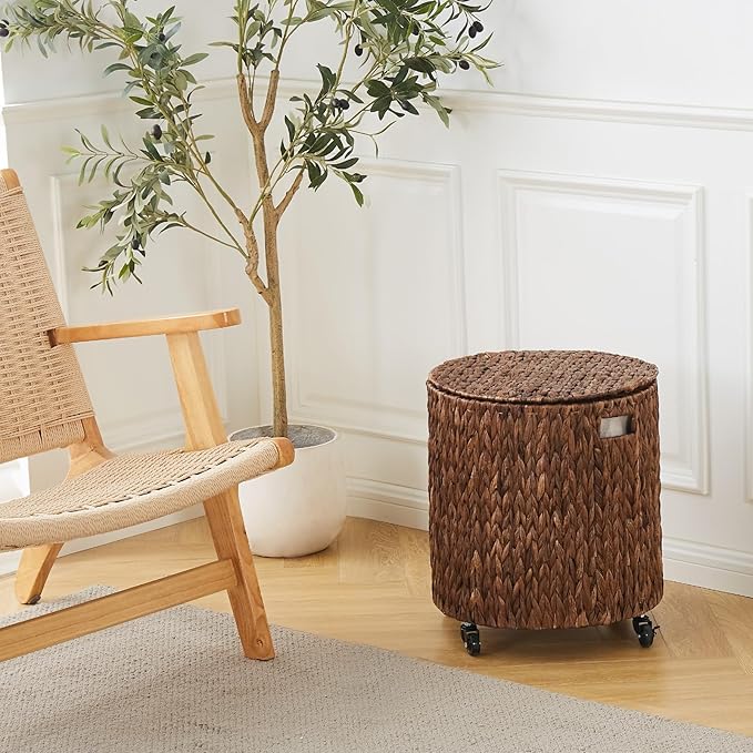 Wimarsbon Round Pouf Ottomans, Handwoven Natural Water Hyacinth Seagrass Pouffe,Outdoor Rattan Stool Accent Seat, Bohemian Coastal Home Decor (Storage Ottoman - Dark Water Hyacinth Braid) Wimarsbon