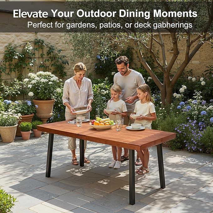 VINGLI 69 Inch Wood Dining Table with Iron Legs, 6-Person Indoor Outdoor Patio Garden Table, All-Weather Rustic Farmhouse Kitchen Table VINGLI