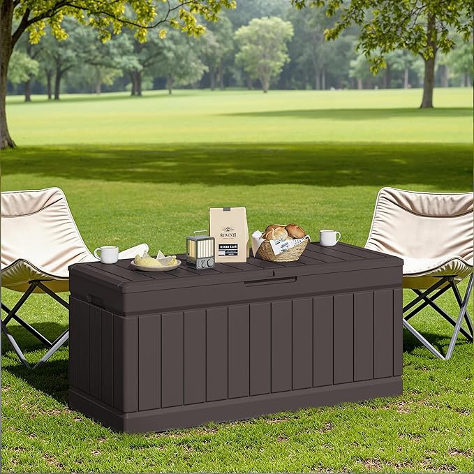 JUMMICO 78 Gallon Outdoor Deck Box Large Resin Storage Box for Patio Furniture Cushions and Garden Tools (Brown) JUMMICO