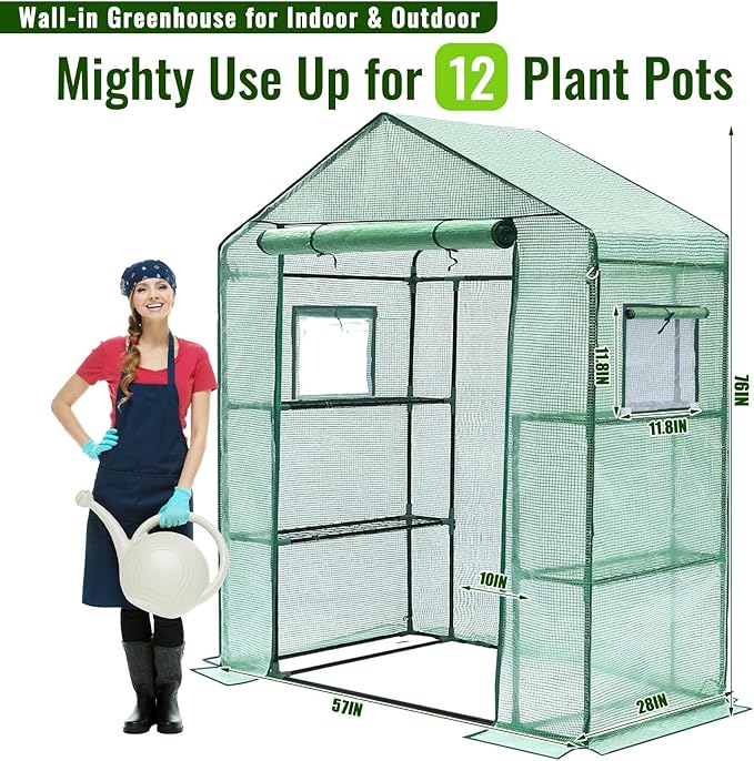 Greengro Greenhouse, 28 x 57 x 76'' Greenhouses for Outdoors, Small Plant Green House with Screen Windows, 3 Tiers 4 Shelves, Durable PE Cover, Plastic Portable Walk in Greenhouses for Outside Indoor Greengro